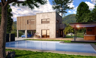 Dvojgeneračný moderný rodinný dom s plochou strechou s krytým stáním pre autá.